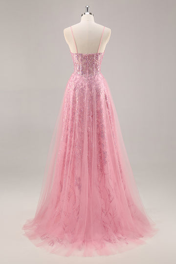 Sparkly Pink Corset A Line Long Prom Dress